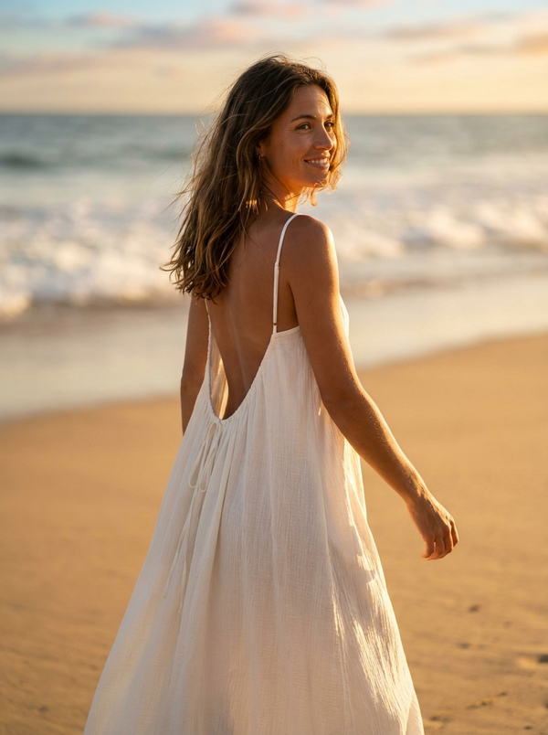 Model wearing Driftwood Maxi Sundress - beach golden hour backless